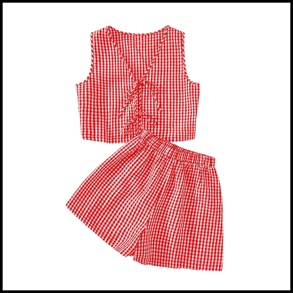 Women's Summer Romper Set Plaid Print Sleeveless Tie Front Tank Shorts